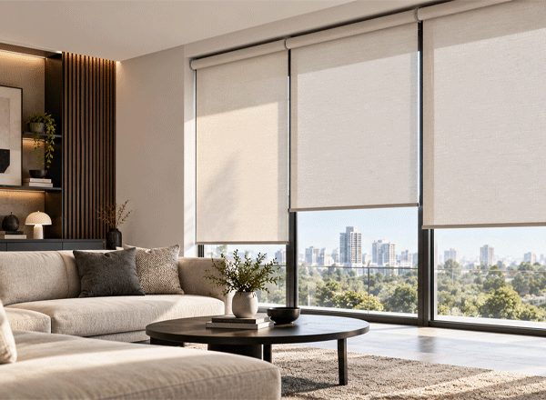 Modern sunscreens in front of a panoramic window