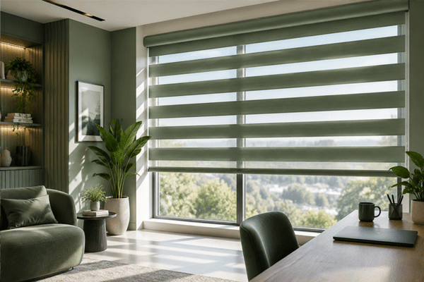 Modern sunscreens in front of a panoramic window